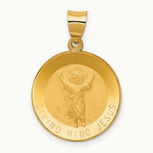 Polished Satin Hollow Divino Nino Round Medal Pendant, 14K