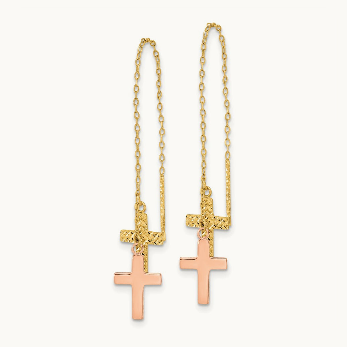 & Rose D/C Polished Crosses Threader Earrings, 14K Yellow