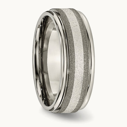 Polished w/Sterling Silver Inlay Stone Finish Center Grooved Band, Titanium