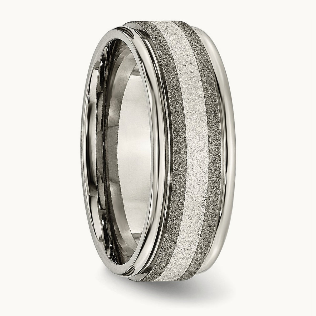 Polished w/Sterling Silver Inlay Stone Finish Center Grooved Band, Titanium