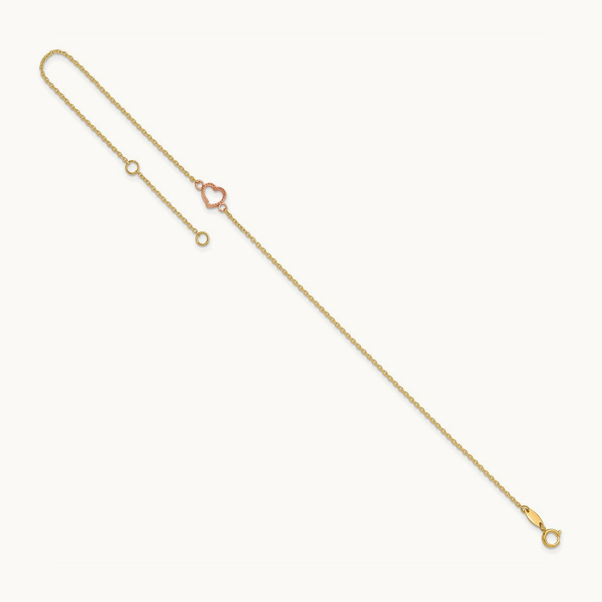 Textured and Polished Heart 9in Plus 1in ext. Anklet, 14K Two-tone