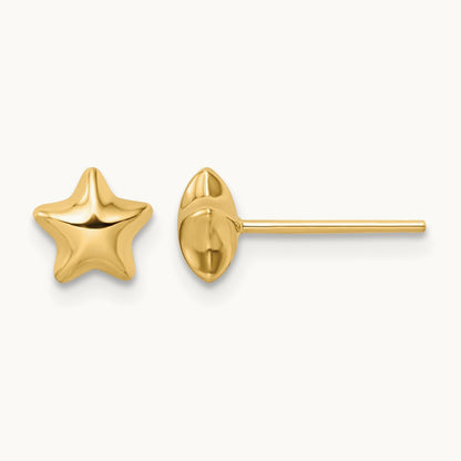 Polished Small Puffed Star Post Earrings — 14K Yellow Gold