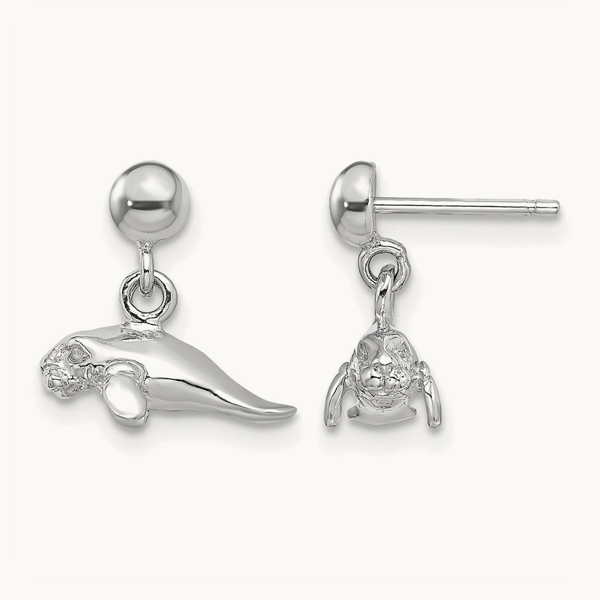 3-D Polished Mini Manatee Dangle Earrings — 14K White Gold