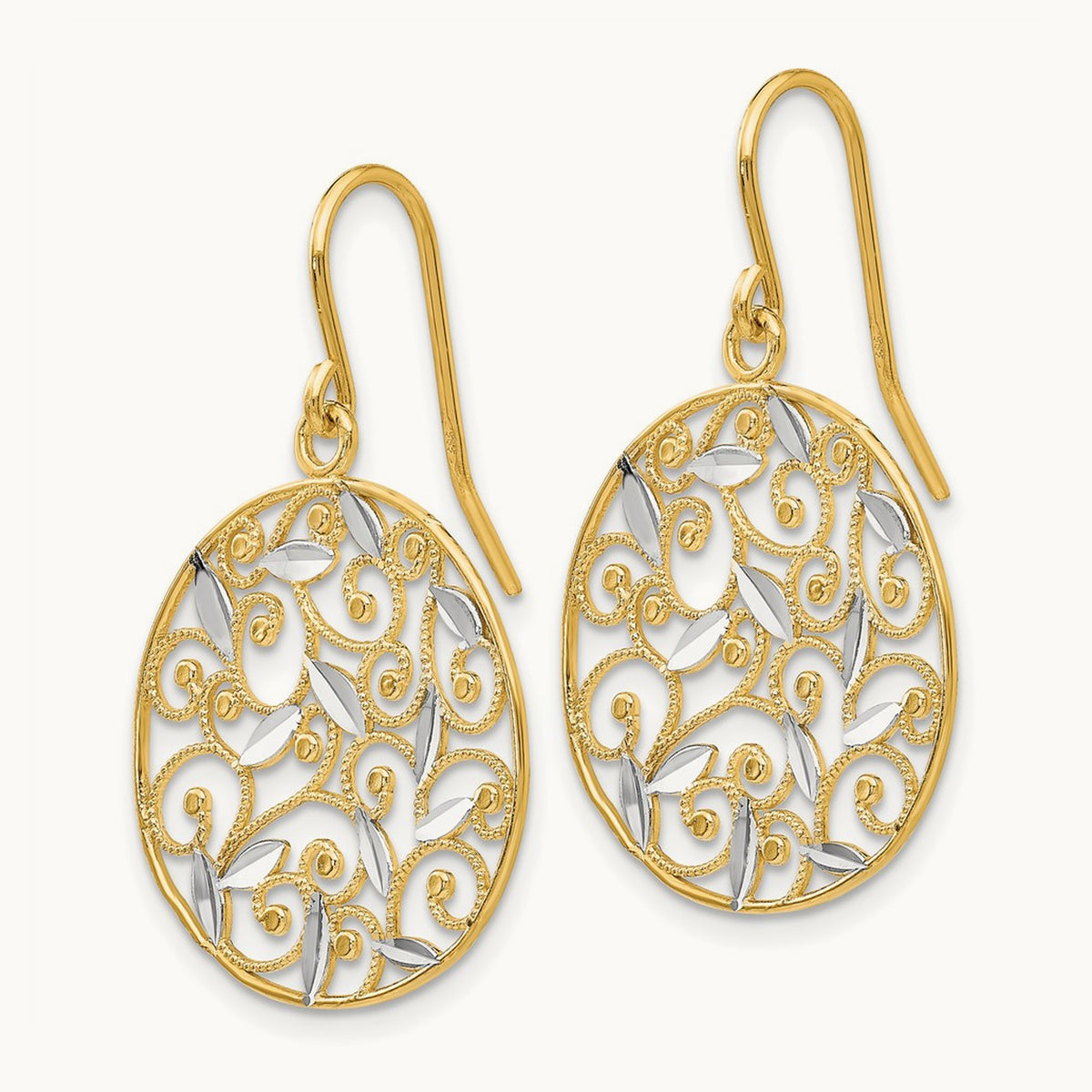 Diamond-cut Filigree Circle Wire Earrings, 14K with Rhodium