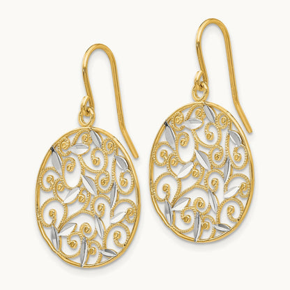 Diamond-cut Filigree Circle Wire Earrings, 14K with Rhodium