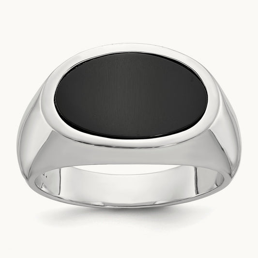 IBGoodman Men's East-West Oval Onyx Complete Ring, 14K White Gold