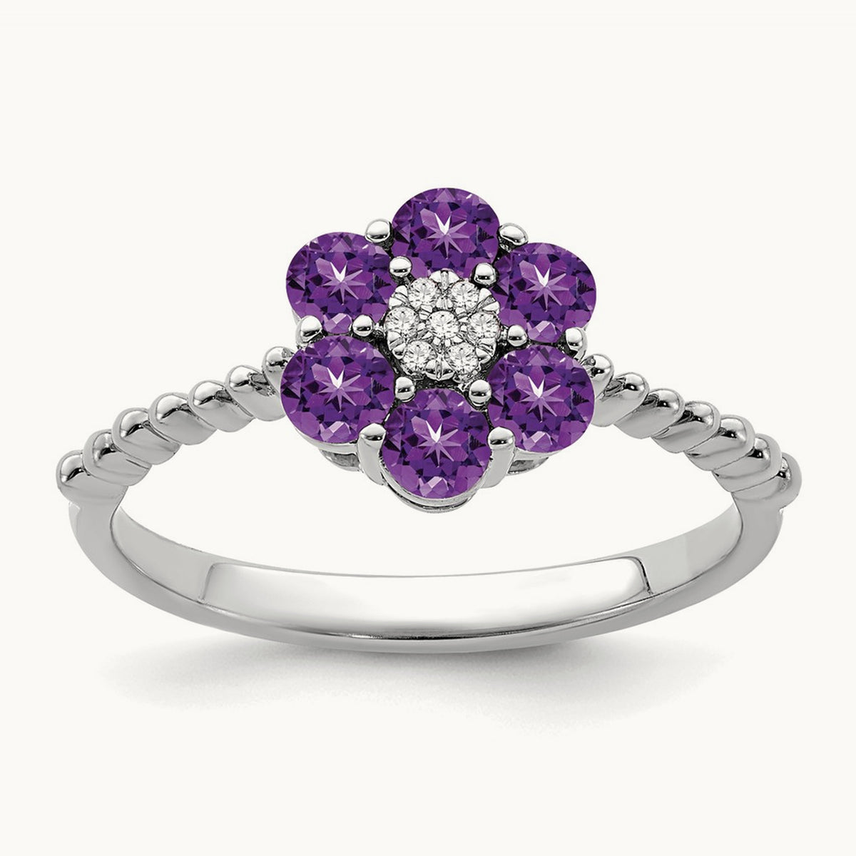 Amethyst and Diamond Floral Ring, 14K White Gold