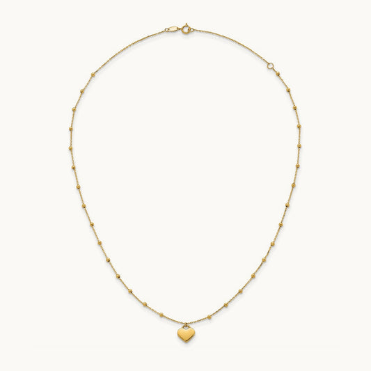Polished Beaded and Heart 16in w/2in ext. Necklace, 14K