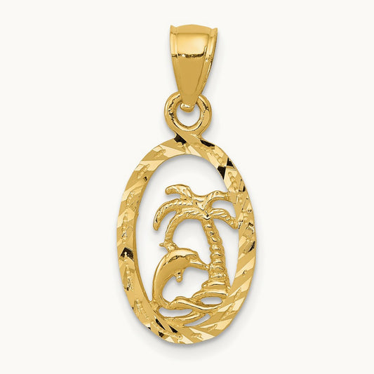 Dolphin and Palm Tree Pendant, 14K