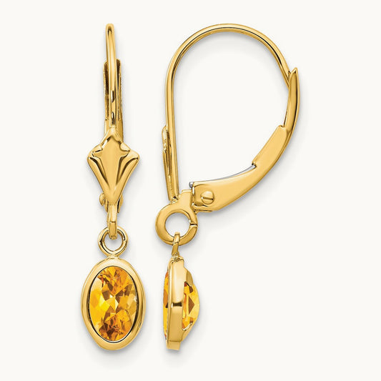 6x4 Oval Bezel November/Citrine Leverback Earrings — 14K Yellow Gold