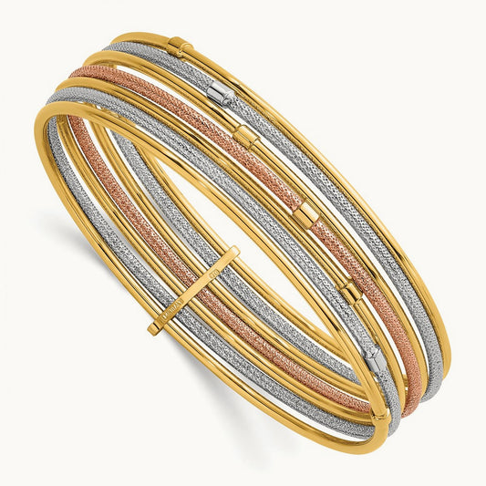 w/White &Rose RH Polish and Textured 7 Row Slip On Bangle, 14K