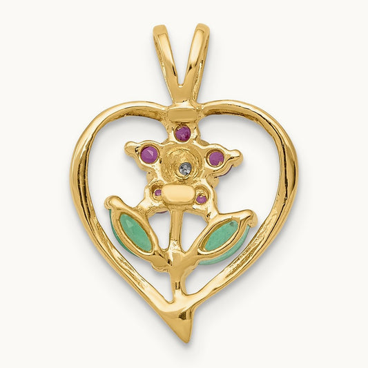 Siam Ruby/Emerald/Diamond Flower in Heart Pendant, 14K