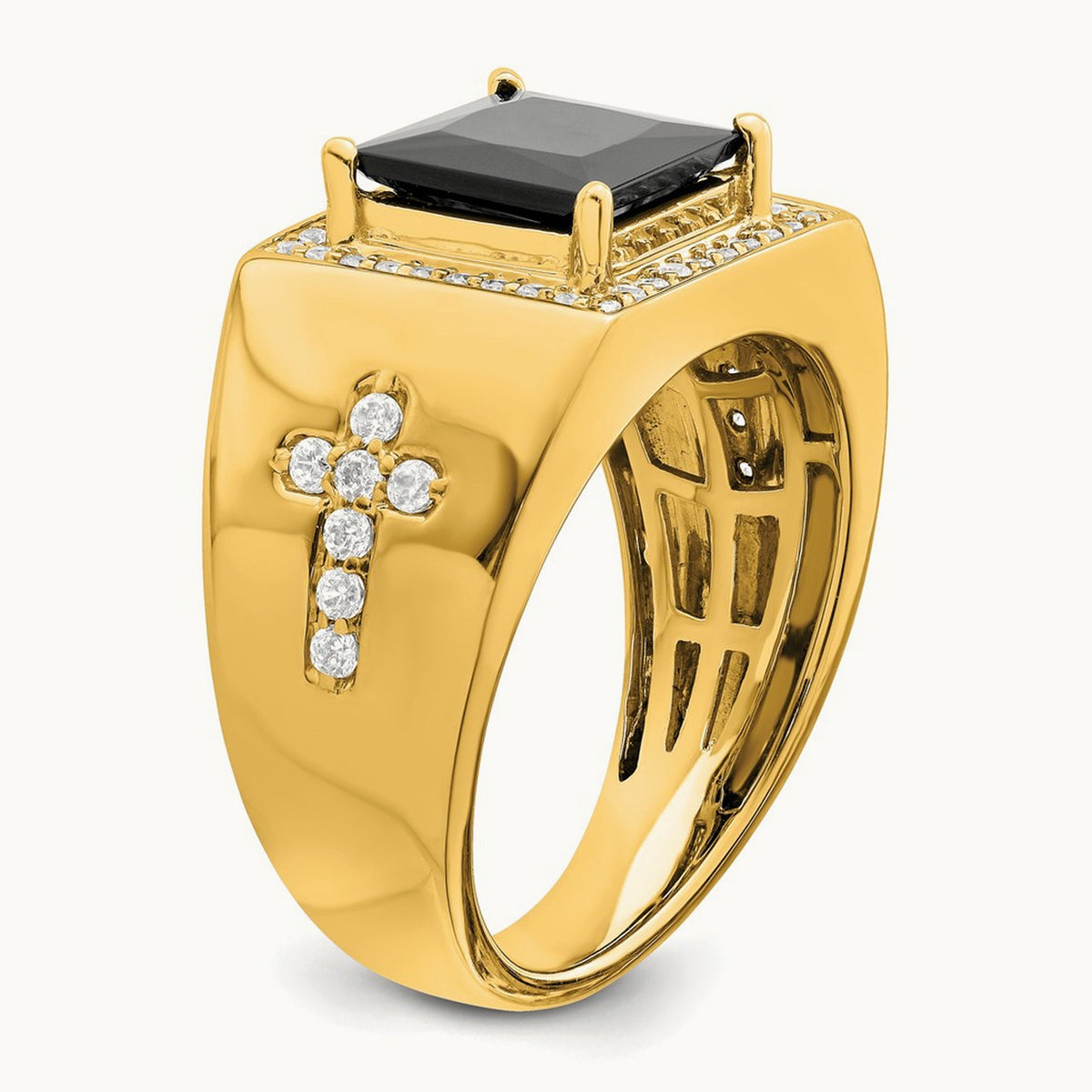 Onyx and Diamond Cross Men's Ring — 14K Yellow Gold, 10
