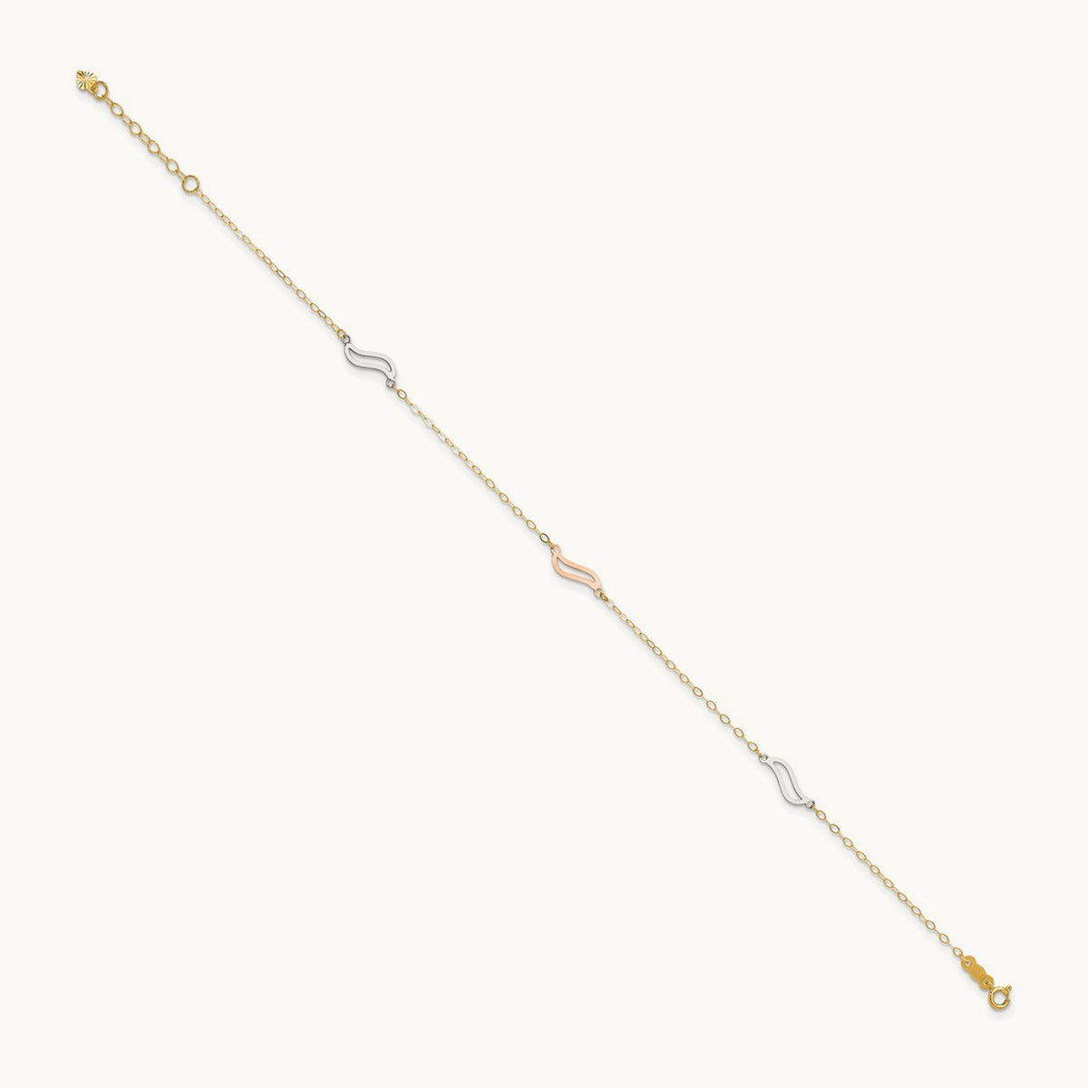 Tri-color with Open S Links 9in Plus 1in ext. Anklet, 14K