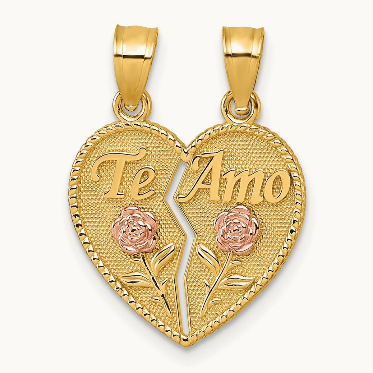 Break Apart Heart With Te Amo And Roses Pendant, 14K Two-tone