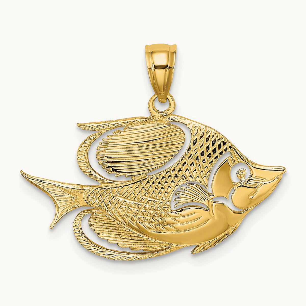 2-D Polished Textured Fish Charm, 14K