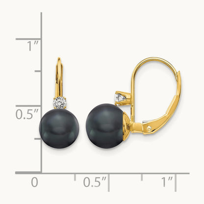 7- Black FW Cultured Pearl AA Diamond Leverback Earrings, 8mm, 14K