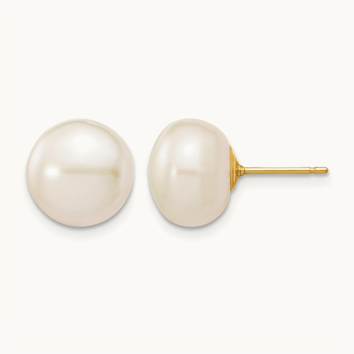 10- White Button Freshwater Cultured Pearl Stud Post Earrings, 11mm, 14K