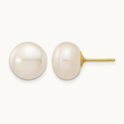 10- White Button Freshwater Cultured Pearl Stud Post Earrings, 11mm, 14K