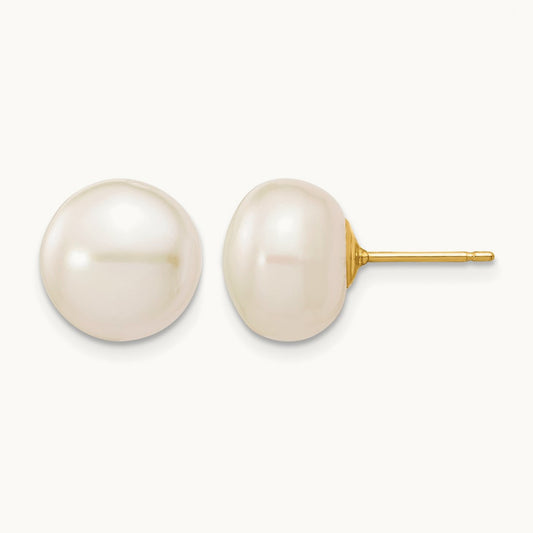 10- White Button Freshwater Cultured Pearl Stud Post Earrings, 11mm, 14K