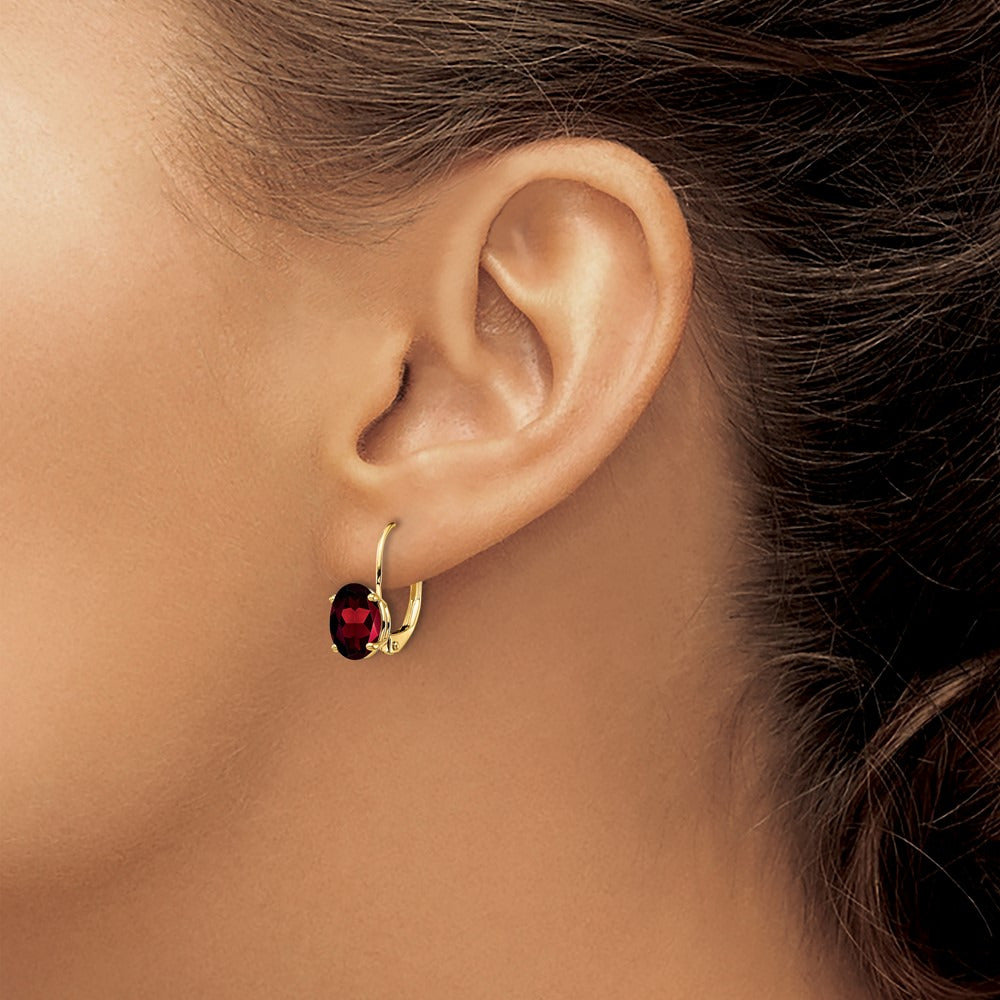 Oval Garnet Leverback Earrings — 17mm, 8x6mm