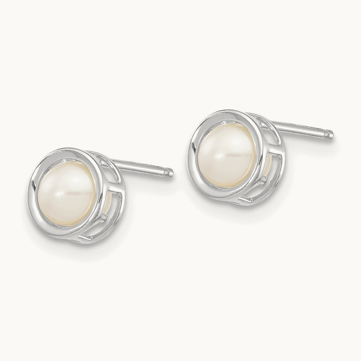 Bezel Freshwater Cultured Pearl Stud Earrings — 14K White Gold, 5mm