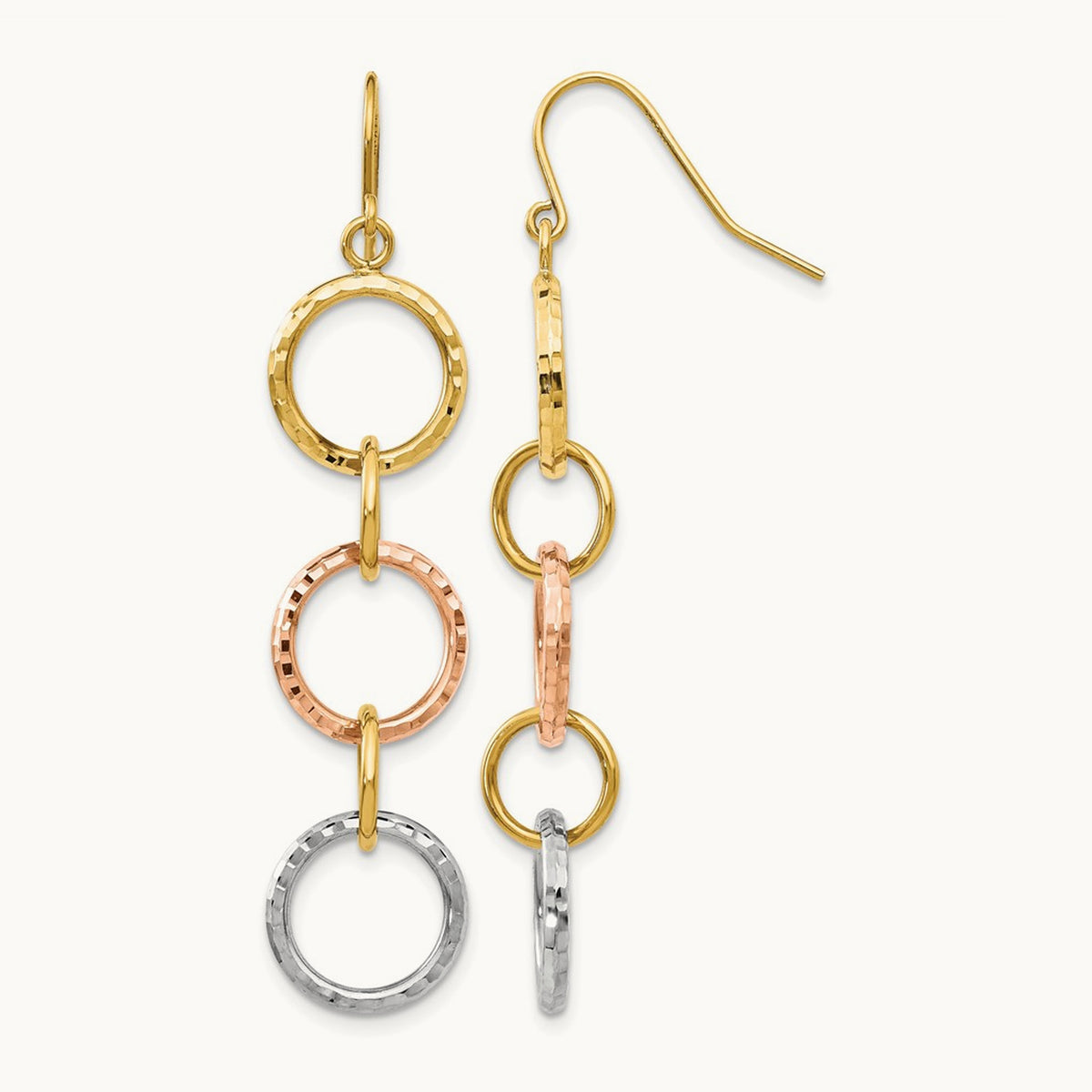 Tri-Color Diamond Cut Circle Dangle Earrings, 14K