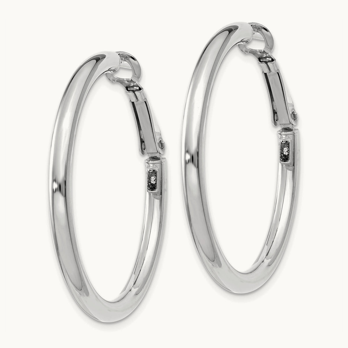Polished Round Omega Back Hoop Earrings — 14K White Gold, 3x36mm