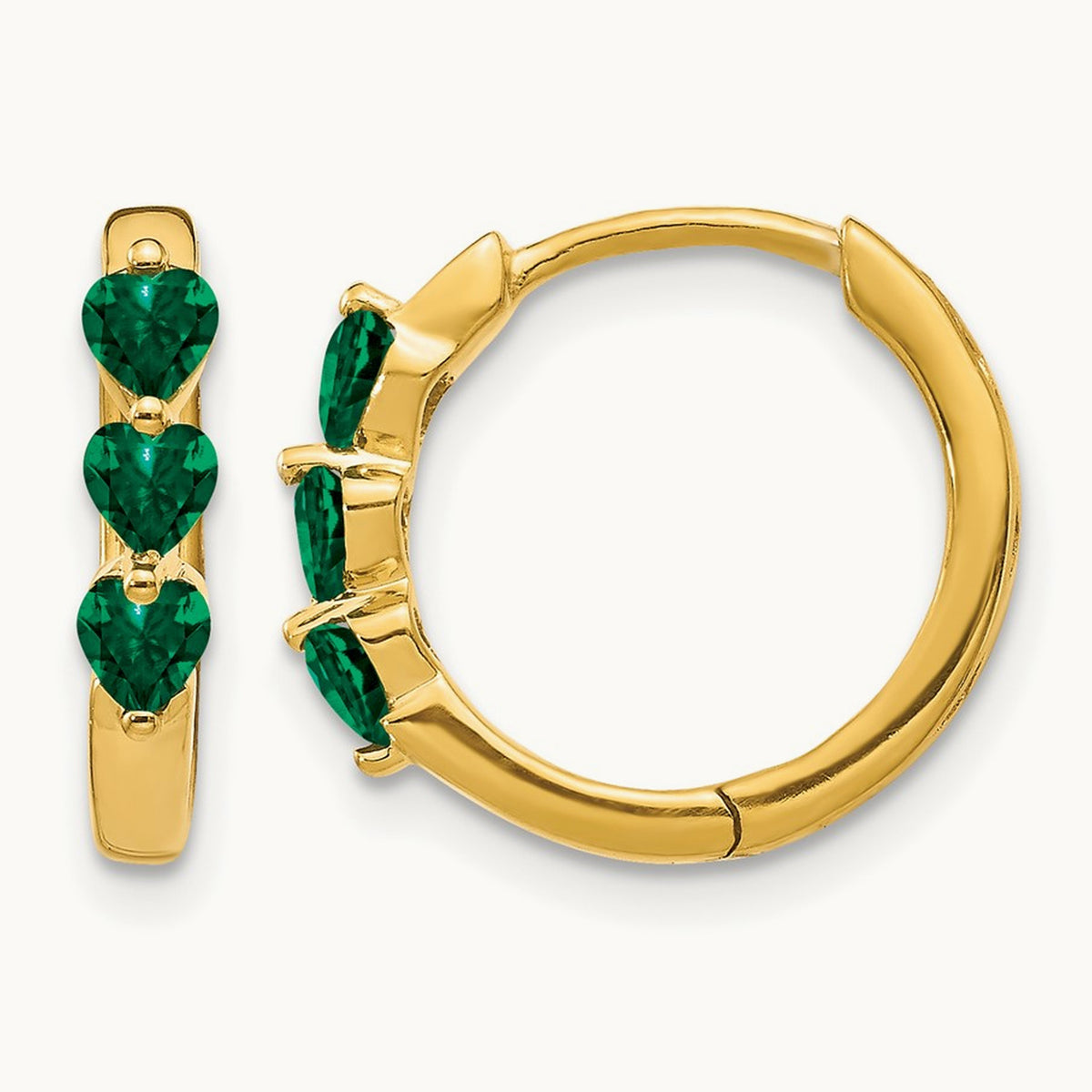Created Emerald Polished Hinged Hoop Earrings, 14K