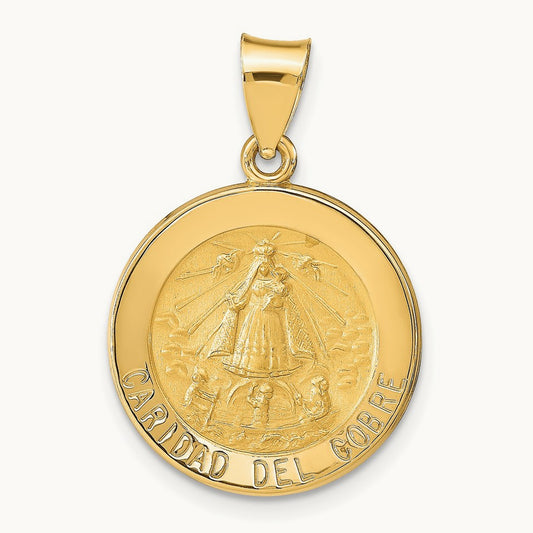 Polished and Satin Caridad del Cobre Medal Hollow Pendant, 14K