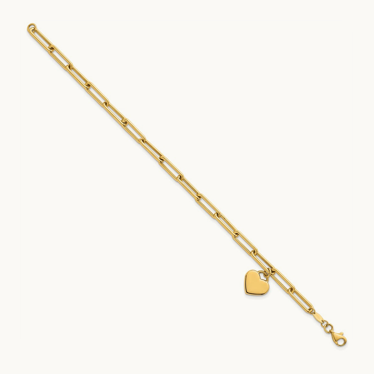 Polished Dangle Heart 7.5in Paperclip Bracelet, 14K
