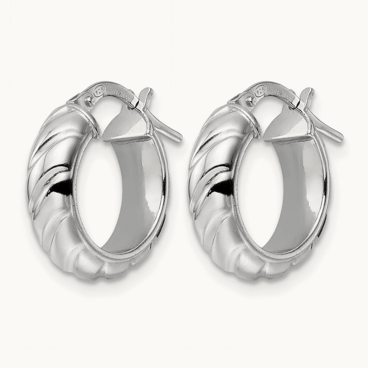 Rhod-plated Polished Textured Hoop Earrings — 17mm