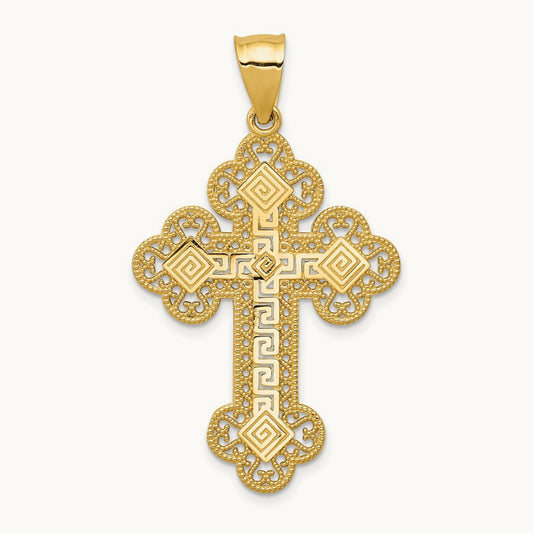 Budded Greek Key Cross Pendant, 14K