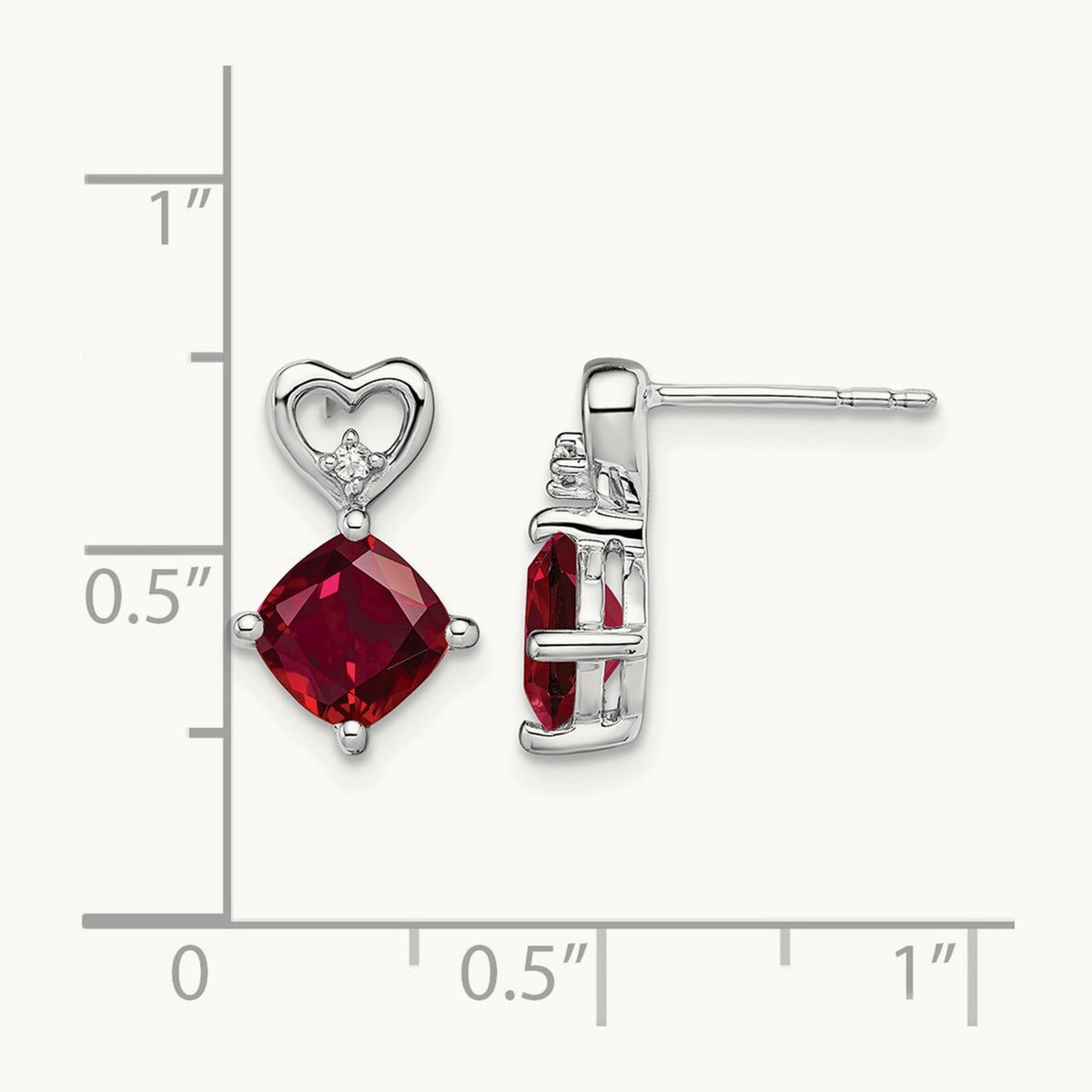 Created Ruby and Diamond Heart Earrings, 14K White Gold