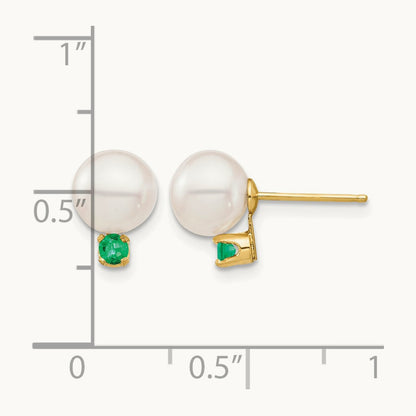 7- White Round Freshwater Cultured Pearl Emerald Post Earrings, 7.5mm, 14K