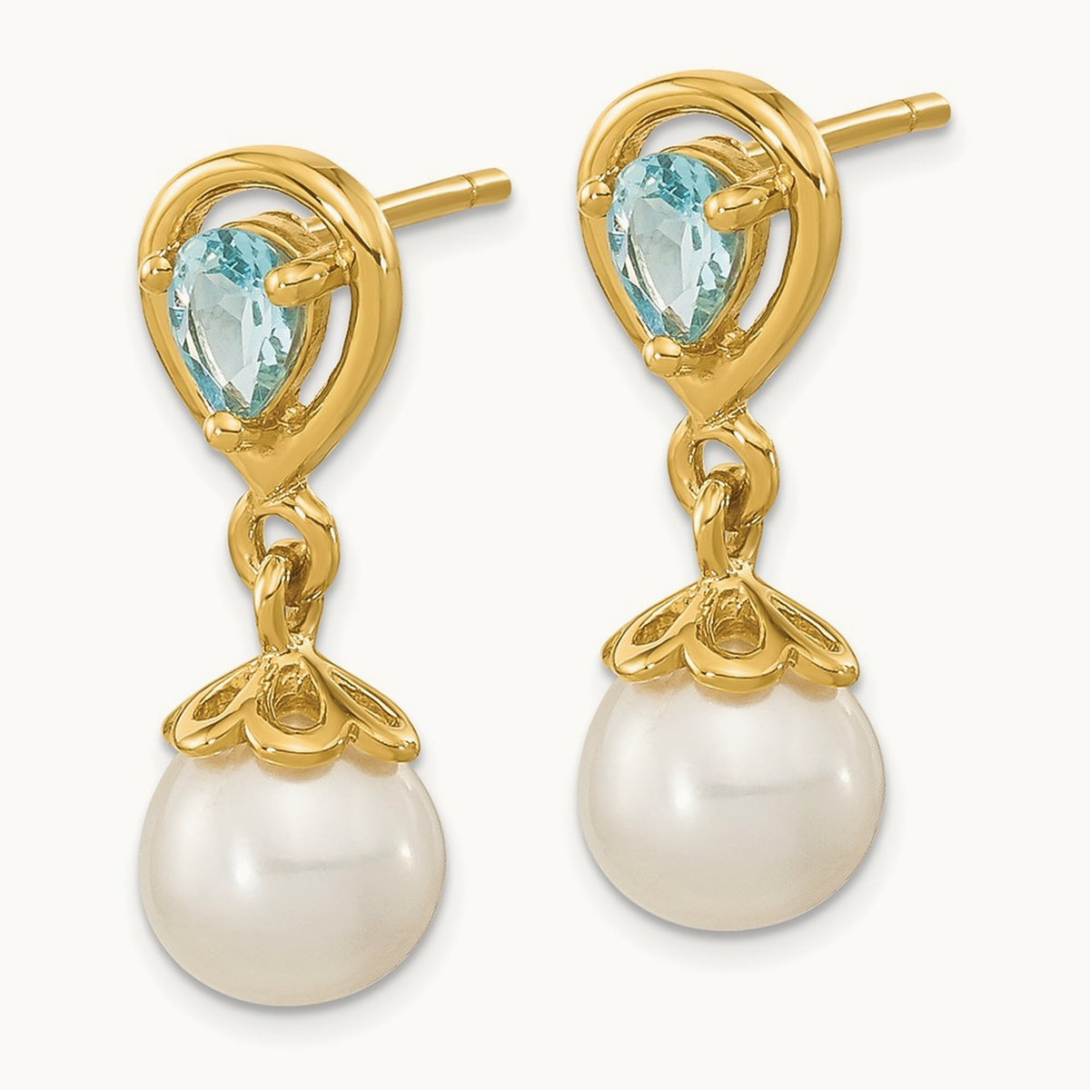 6- FWC Pearl Light Swiss Blue Topaz Dangle Post Earrings, 7mm, 14K