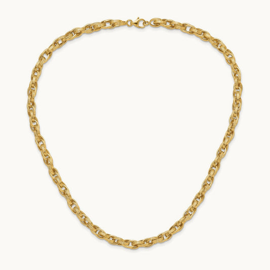 Polished & Grooved Fancy Oval Link Necklace, 14K