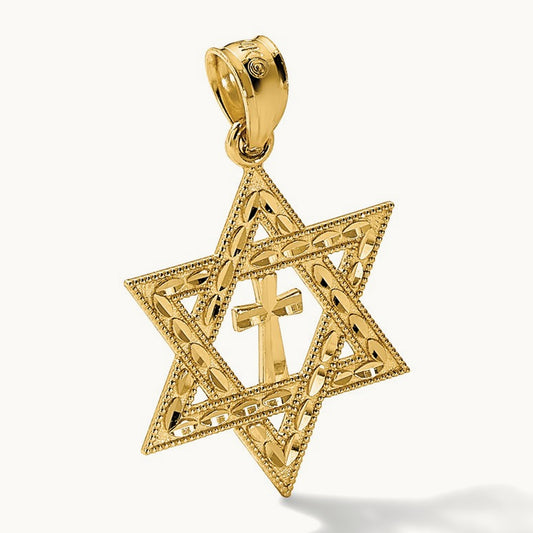 Diamond-cut Star of David w/Cross Pendant, 14K