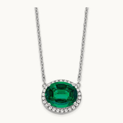 Oval Created Emerald/Diamond 18in. Halo Necklace, 14K White Gold