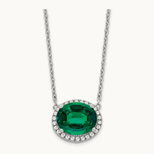 Oval Created Emerald/Diamond 18in. Halo Necklace, 14K White Gold