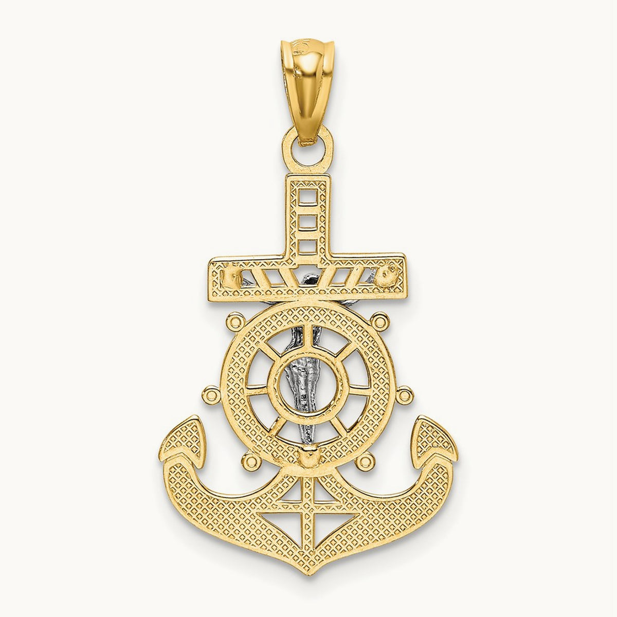 w/Rhodium Polished Mariners Crucifix Pendant, 14K