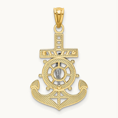 w/Rhodium Polished Mariners Crucifix Pendant, 14K