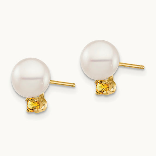 7- White Round Freshwater Cultured Pearl Citrine Post Earrings, 7.5mm, 14K