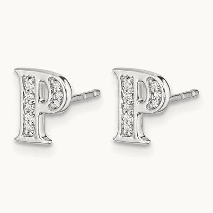Diamond Initial P Earrings, 14K White Gold