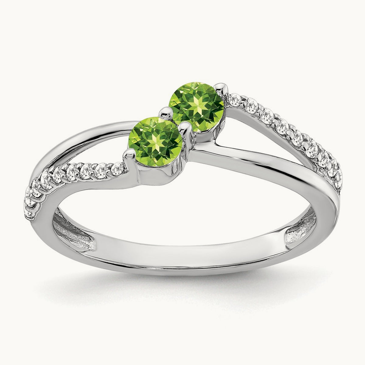 Peridot and Diamond 2-stone Ring, 14K White Gold