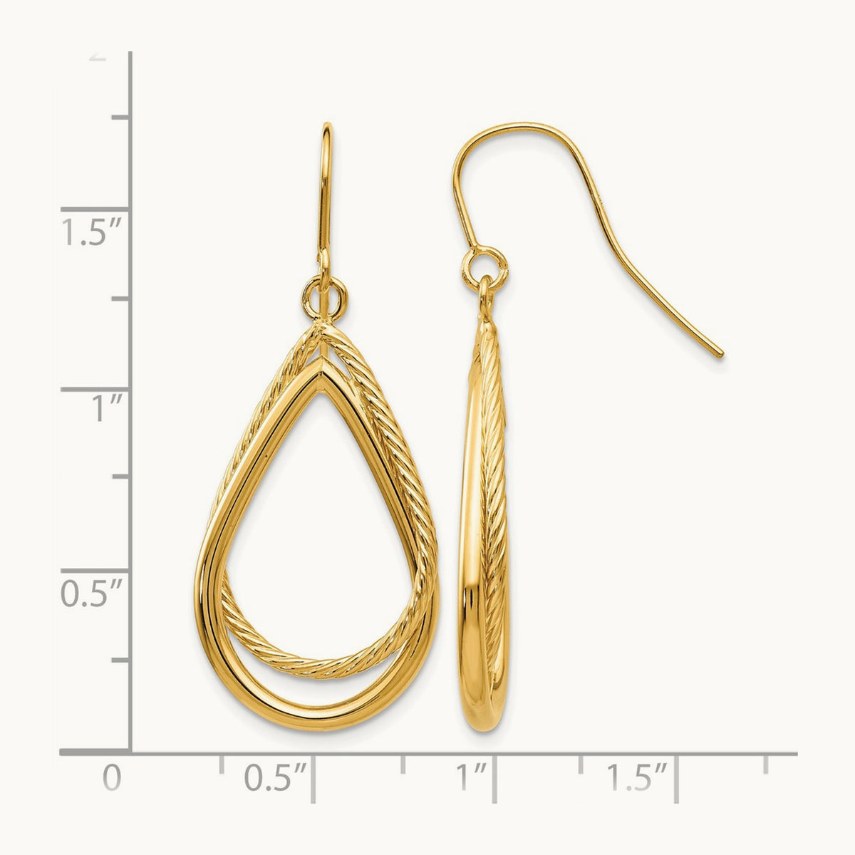 Polished and Textured Teardrop Shepherd Hook Earrings — 14K Yellow Gold
