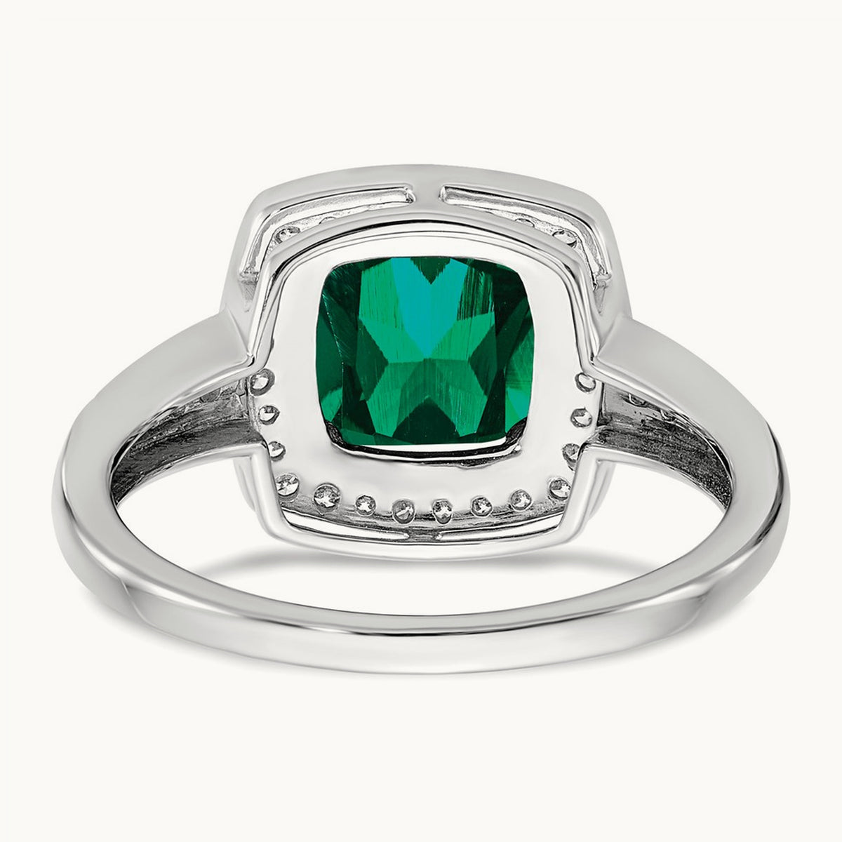 Cushion Created Emerald and Diamond Halo Ring, 14K White Gold