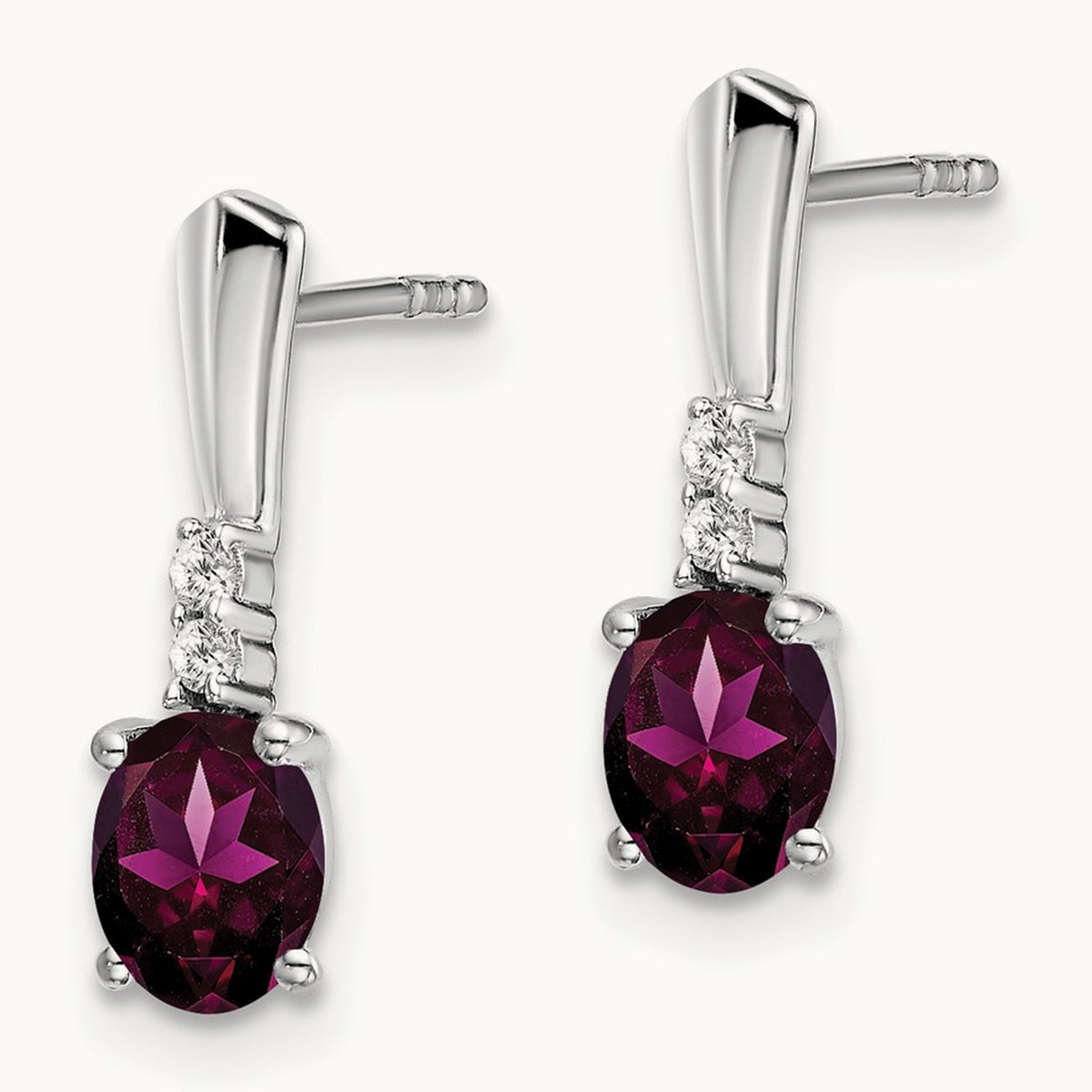 Oval Rhodolite Garnet and Diamond Dangle Earrings — 14K White Gold