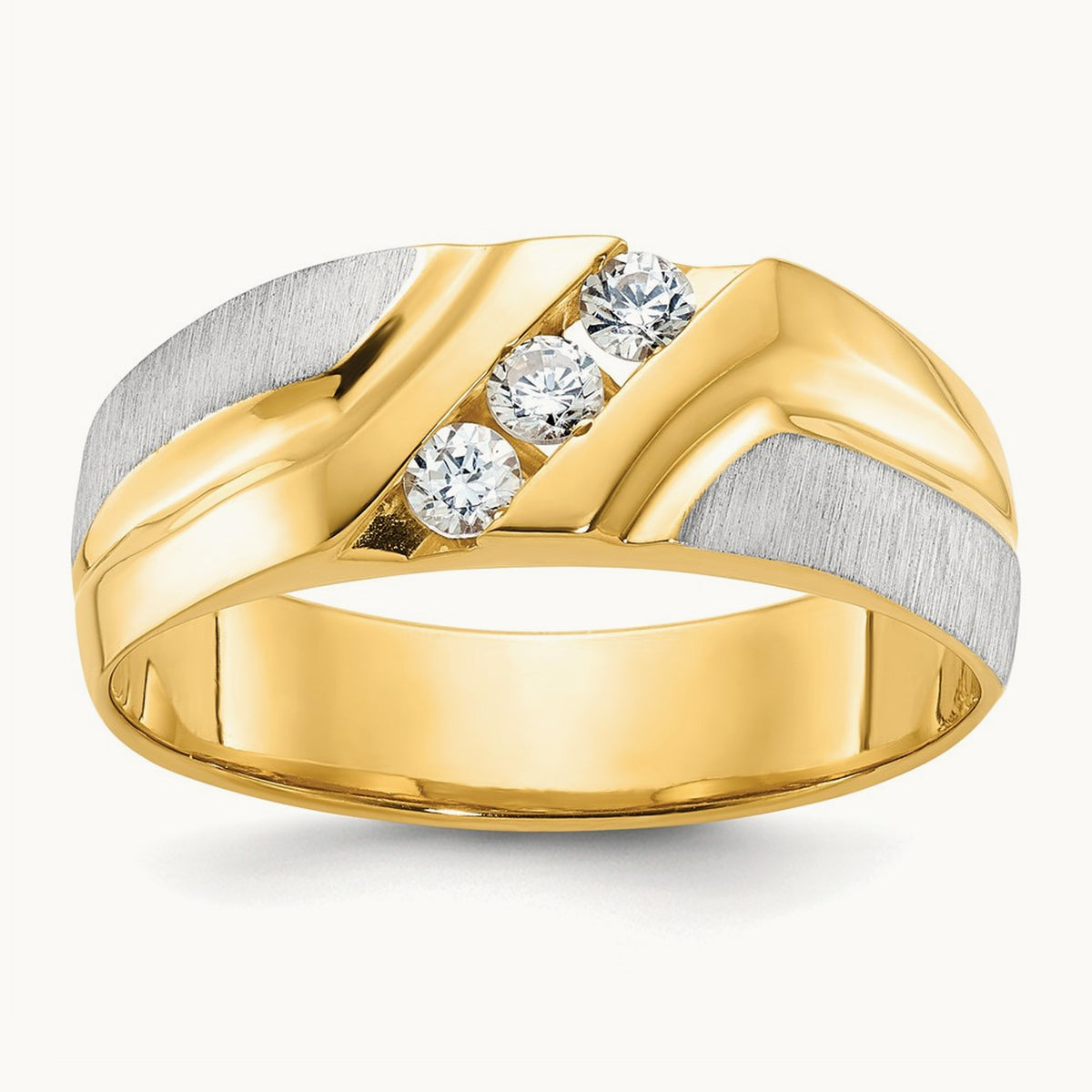 14ktt IBGoodman Men's Polished Satin & Grooved 3-Stone Diamond Ring