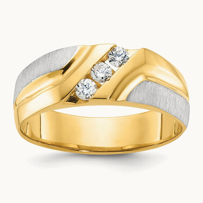 14ktt IBGoodman Men's Polished Satin & Grooved 3-Stone Diamond Ring